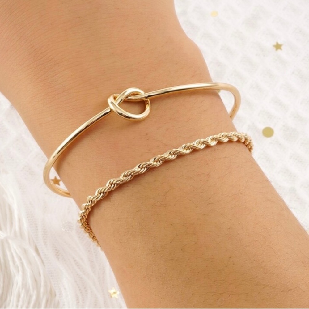 BOGO! Set of 2 stacking bracelets in Gold color Knot cuff and chain NEW Boutique